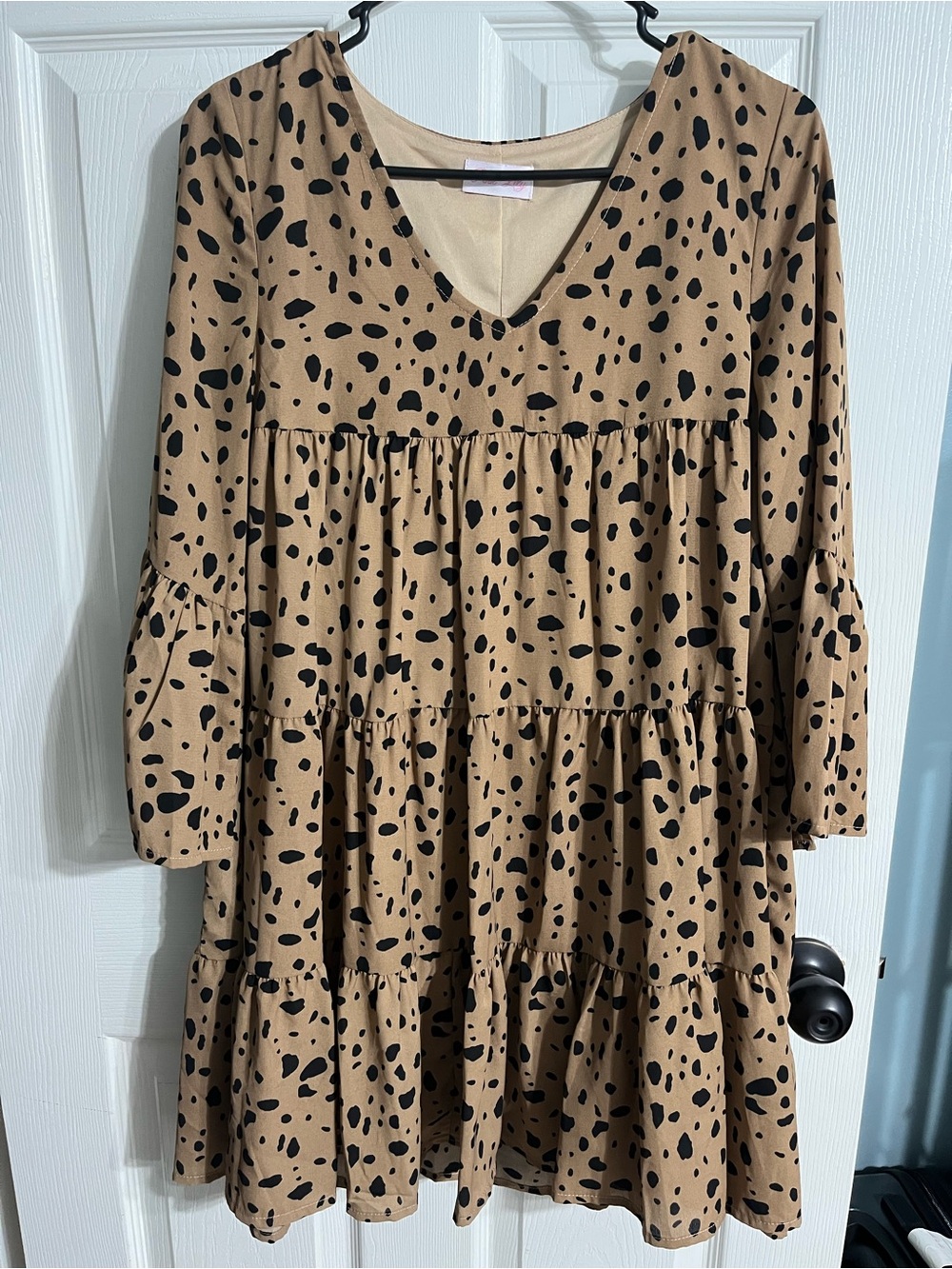 Pink Lily Tan Tiered Midi Dress with Black Spot Print